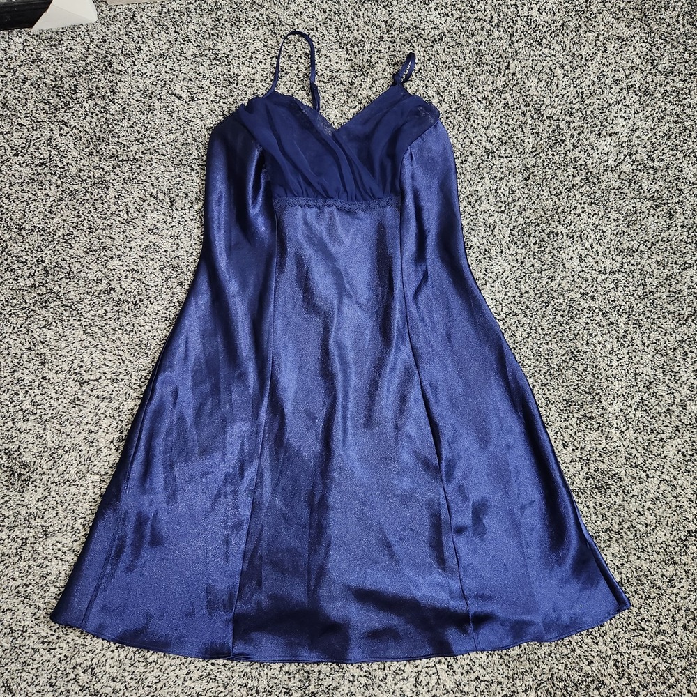 Vtg Honors intimates night gown Slip navy Blue Women's L Satin 90s Lingerie Sexy